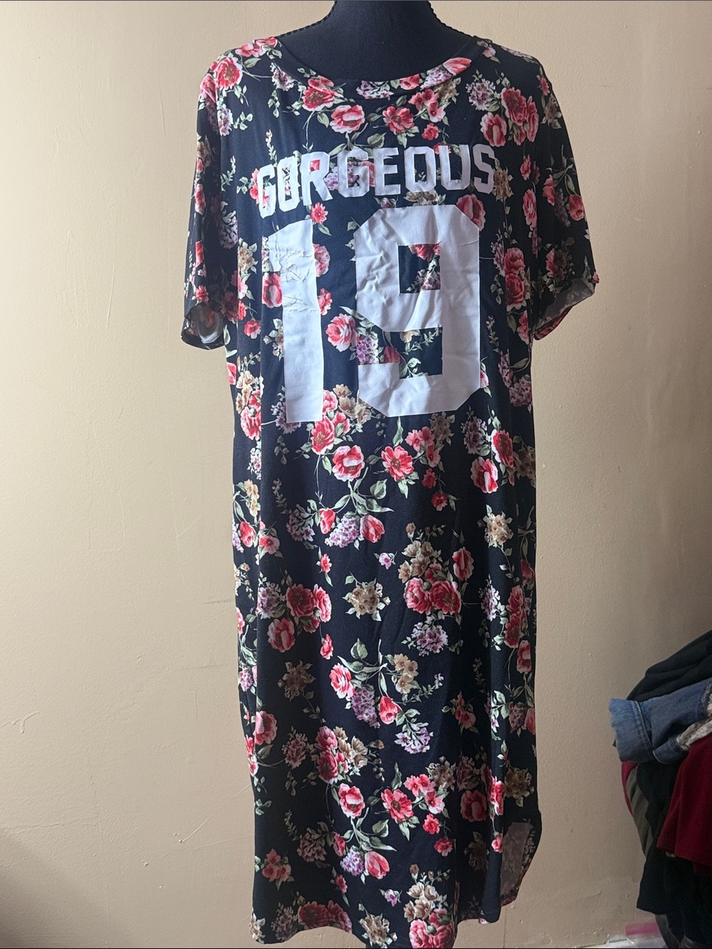 Black Floral Maxi Dress with White 'Gorgeous 19' Graphic